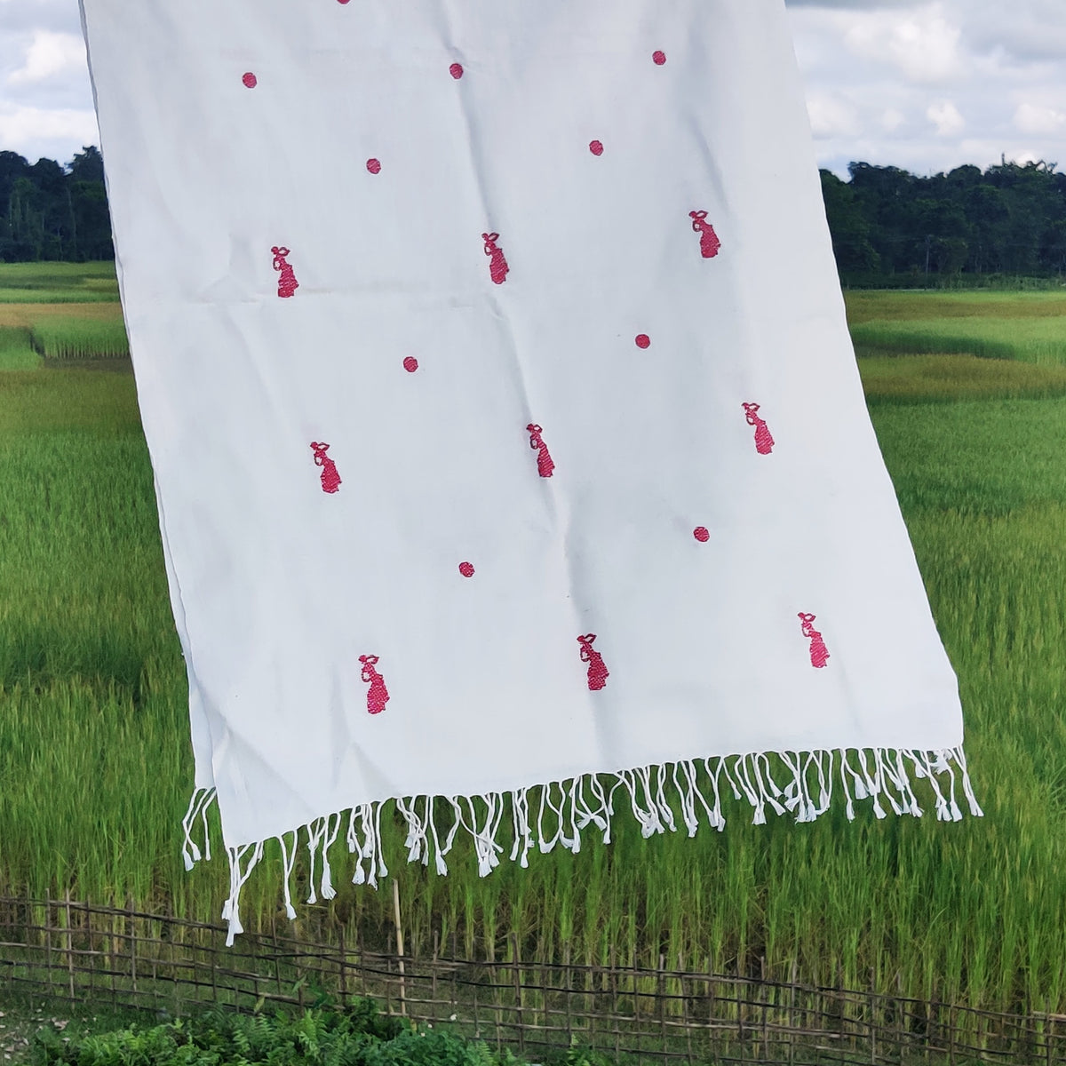 Pearl White Bihu Dance Cotton Scarf