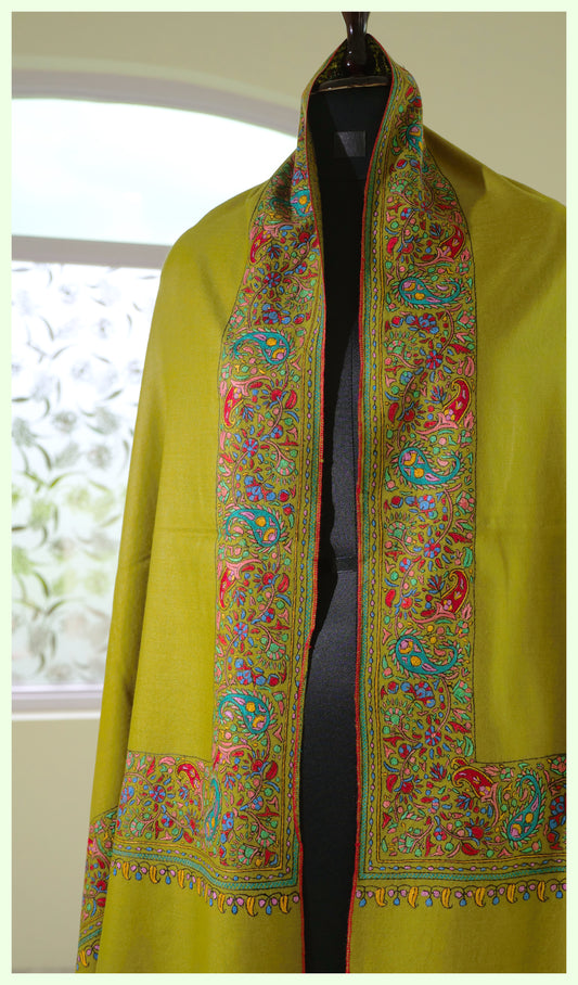 Olive green Sozni Dordar Pashmina