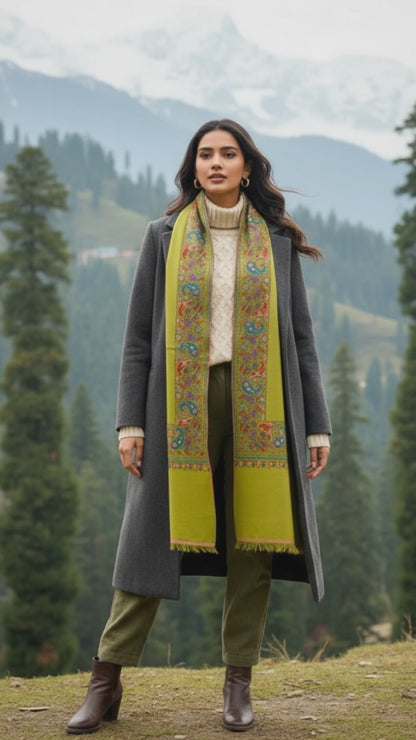 Olive green Sozni Dordar Pashmina