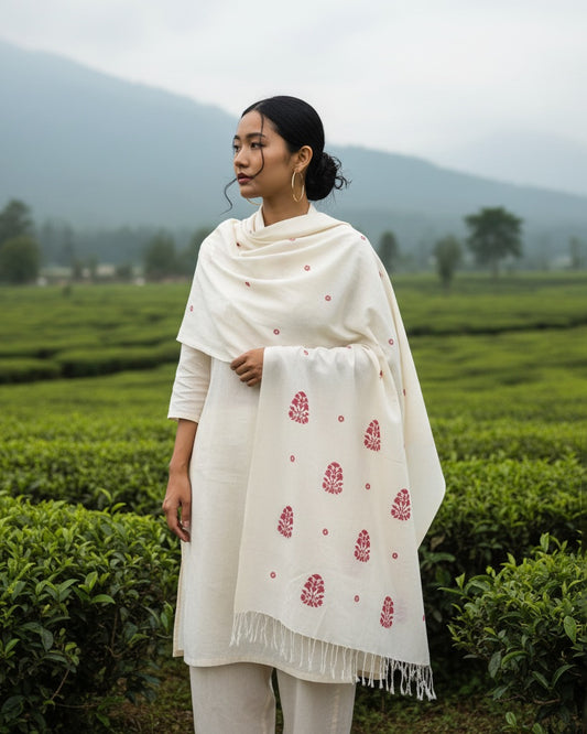 Pearl White Ranghar Pattern Cotton Scarf
